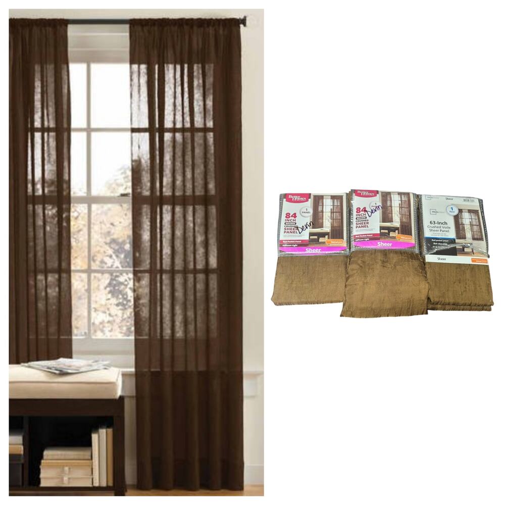 2 Brown Crushed 84" & 1 Voile Sheer 63" Curtain Panel Chocolate Brown